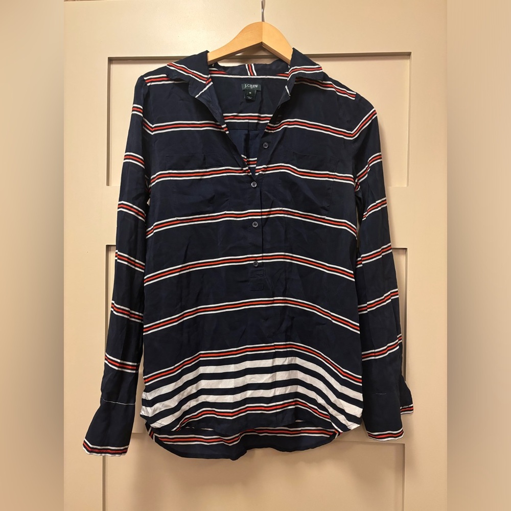 J. CREW Silk Rugby Polo Stripe Shirt Button Down Blouse Relaxed Sheer Navy Coral